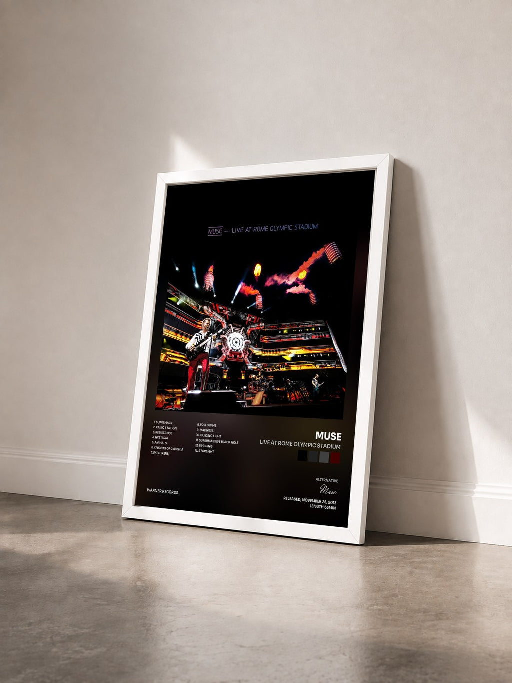#blanc Tableau de l'album Live at Rome Olympic Stadium de Muse vu de trois quarts, cadre blanc
