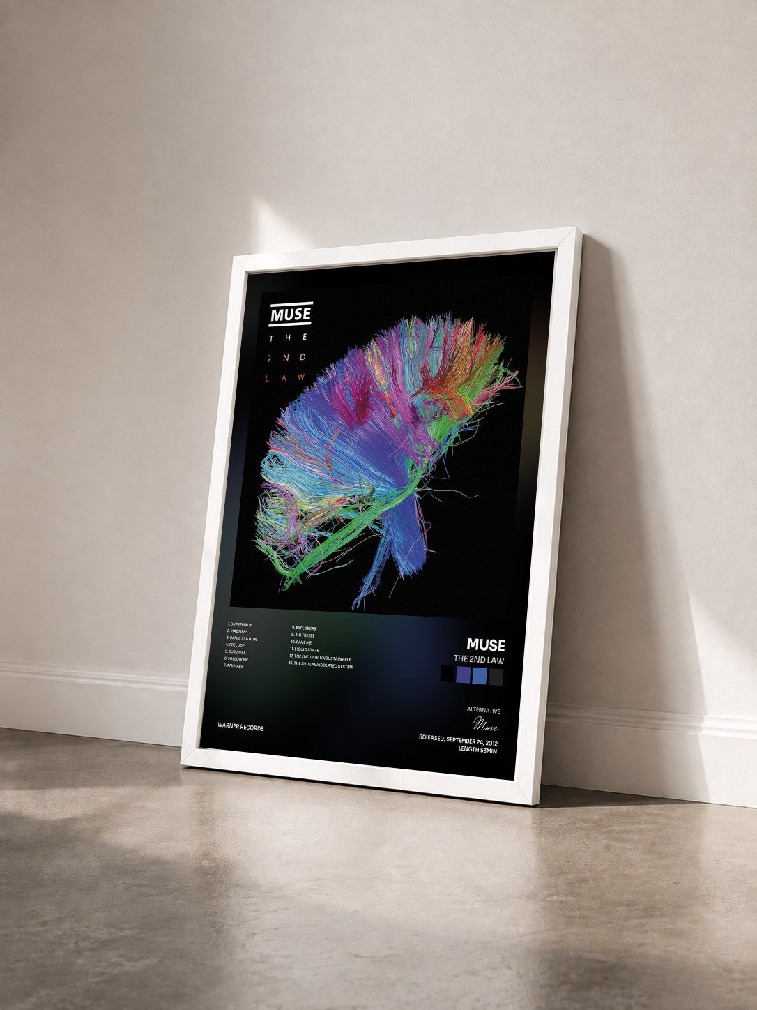 #blanc The 2nd Law di Muse in stampa incorniciata vista di tre quarti, cornice bianca
