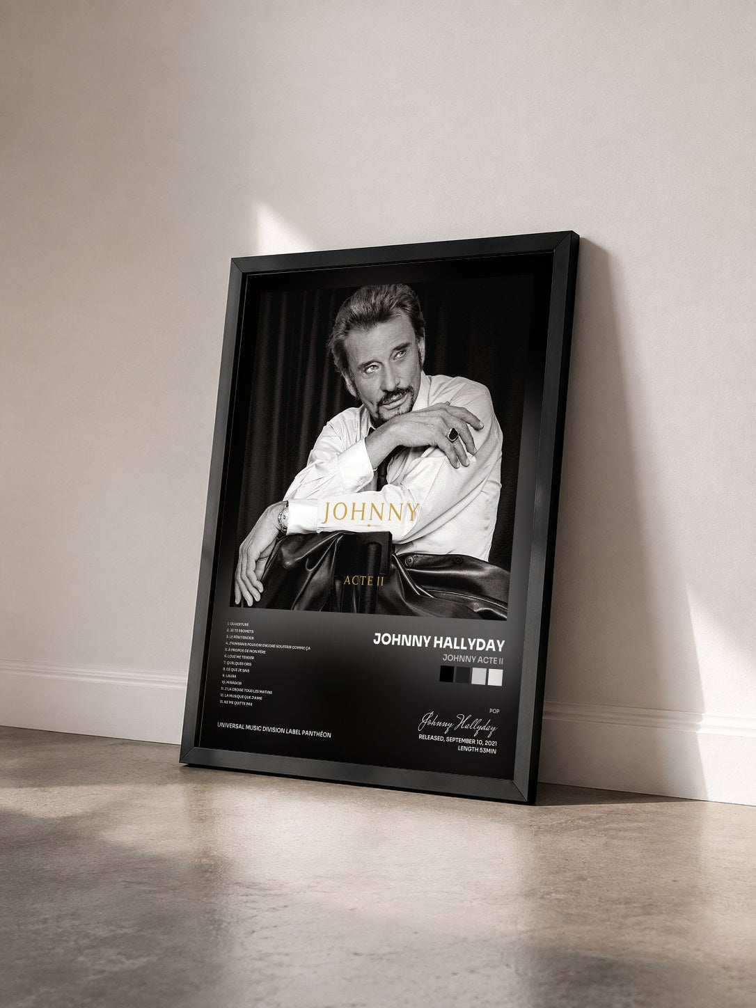 #noir Johnny Acte II di Johnny Hallyday in stampa incorniciata vista di tre quarti, cornice nera
