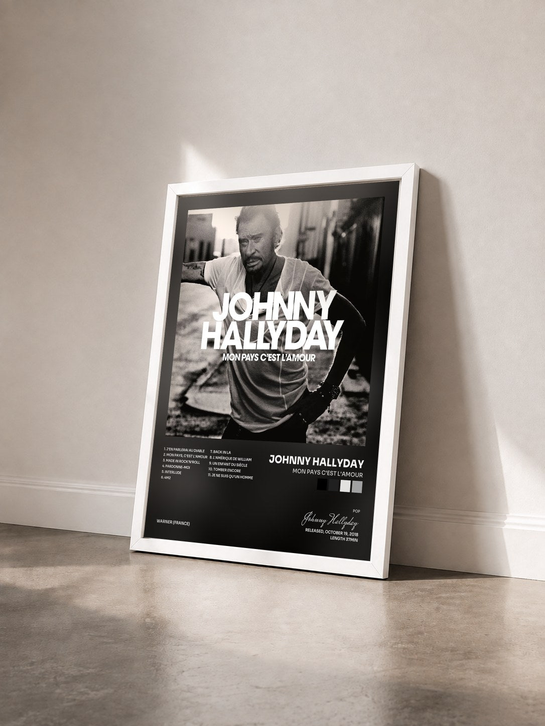 #blanc Tableau de l'album Mon pays c'est l'amour de Johnny Hallyday vu de trois quarts, cadre blanc