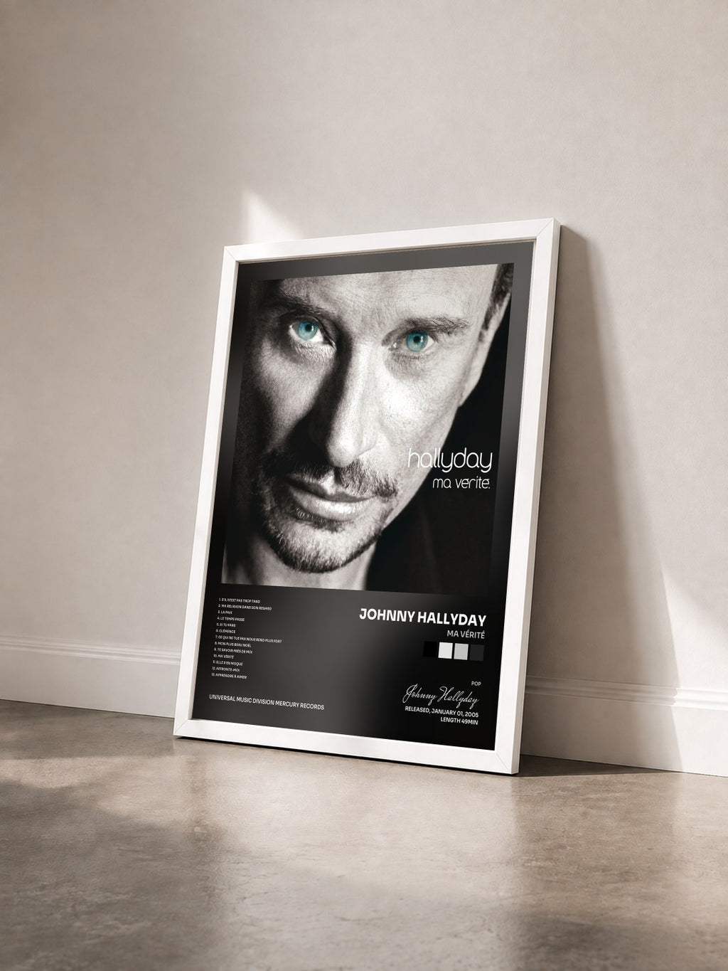 #blanc Tableau de l'album Ma vérité de Johnny Hallyday vu de trois quarts, cadre blanc