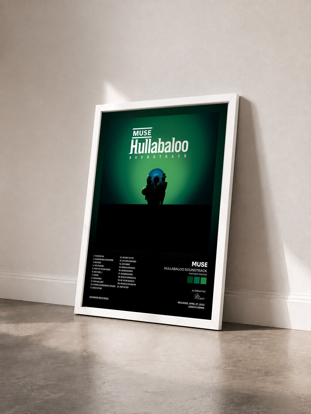 #blanc Hullabaloo Soundtrack (Eastwest Release) by Muse as a framed art print seen at an angle, white frame