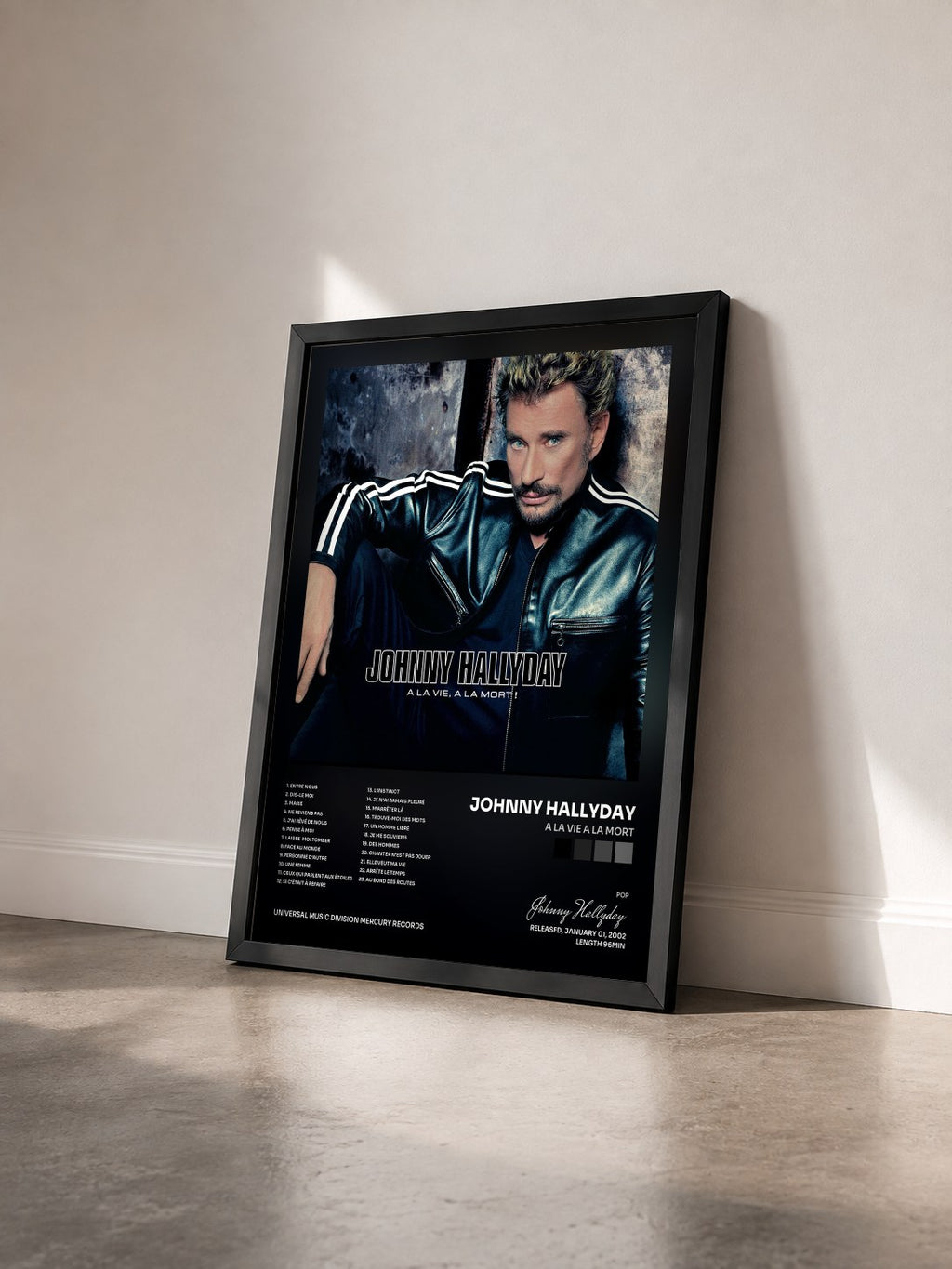 #noir A La Vie A La Mort by Johnny Hallyday as a framed art print seen at an angle, black frame