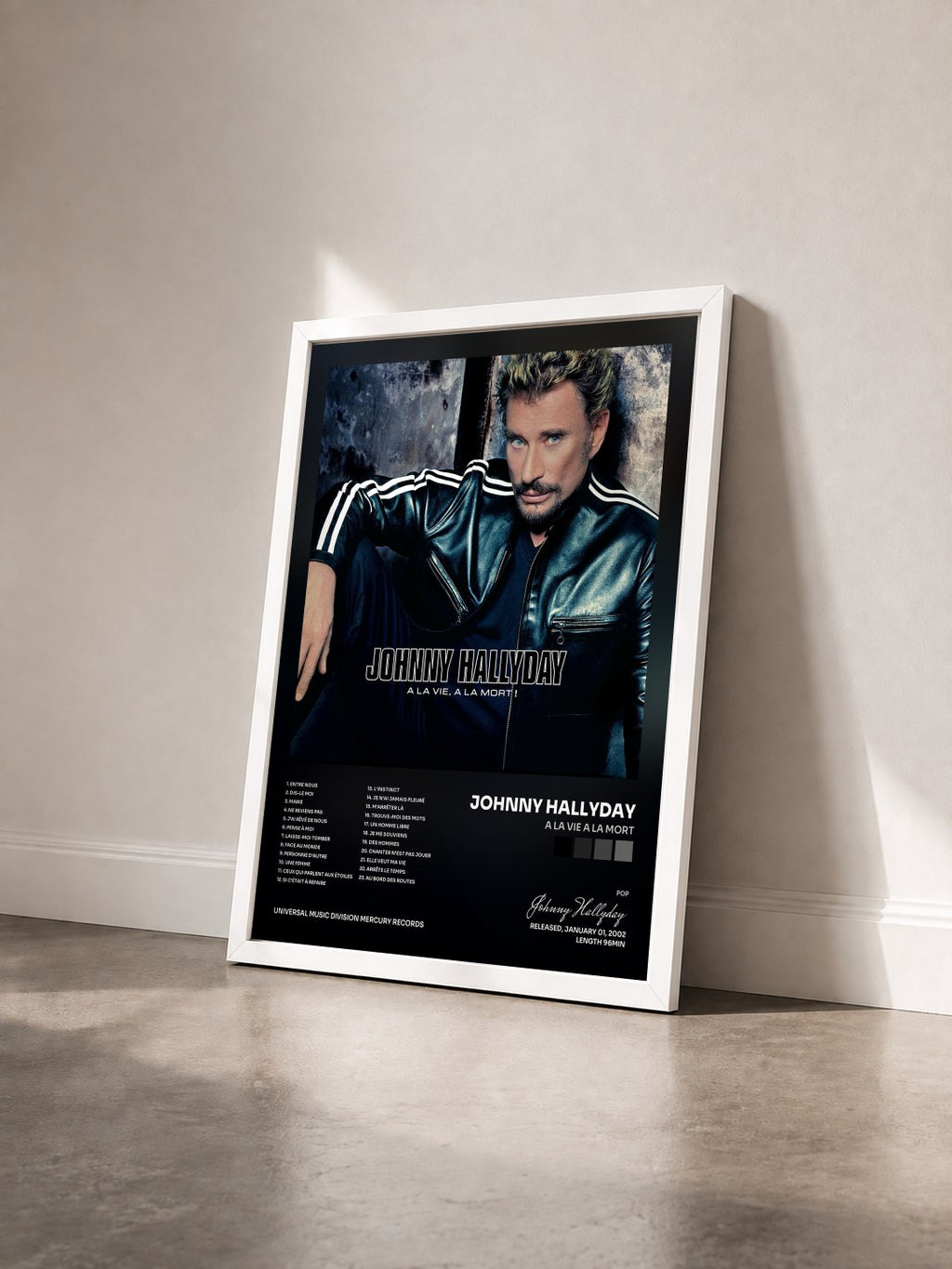#blanc A La Vie A La Mort by Johnny Hallyday as a framed art print seen at an angle, white frame