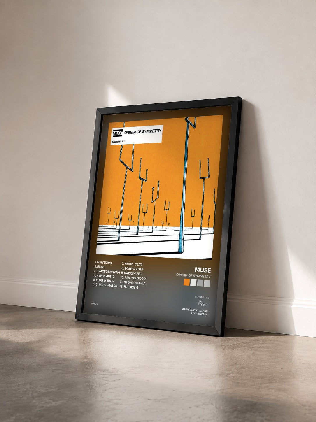 #noir Origin of Symmetry by Muse as a framed art print seen at an angle, black frame