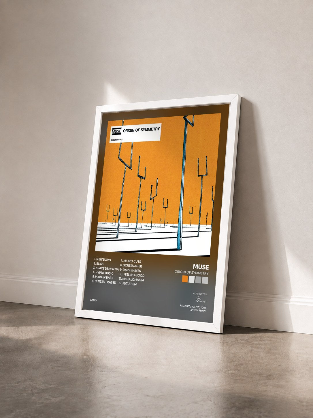 #blanc Origin of Symmetry by Muse as a framed art print seen at an angle, white frame