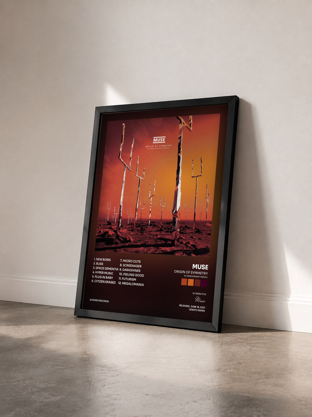 #noir Tableau de l'album Origin of Symmetry (XX Anniversary RemiXX) de Muse vu de trois quarts, cadre noir