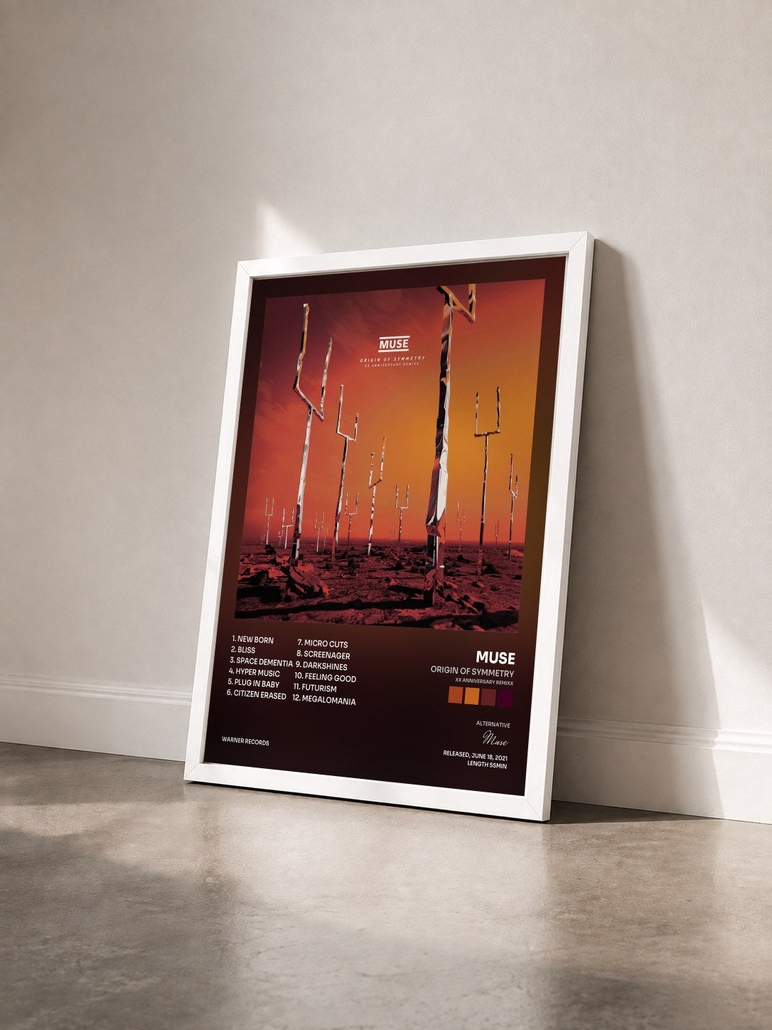 #blanc Tableau de l'album Origin of Symmetry (XX Anniversary RemiXX) de Muse vu de trois quarts, cadre blanc