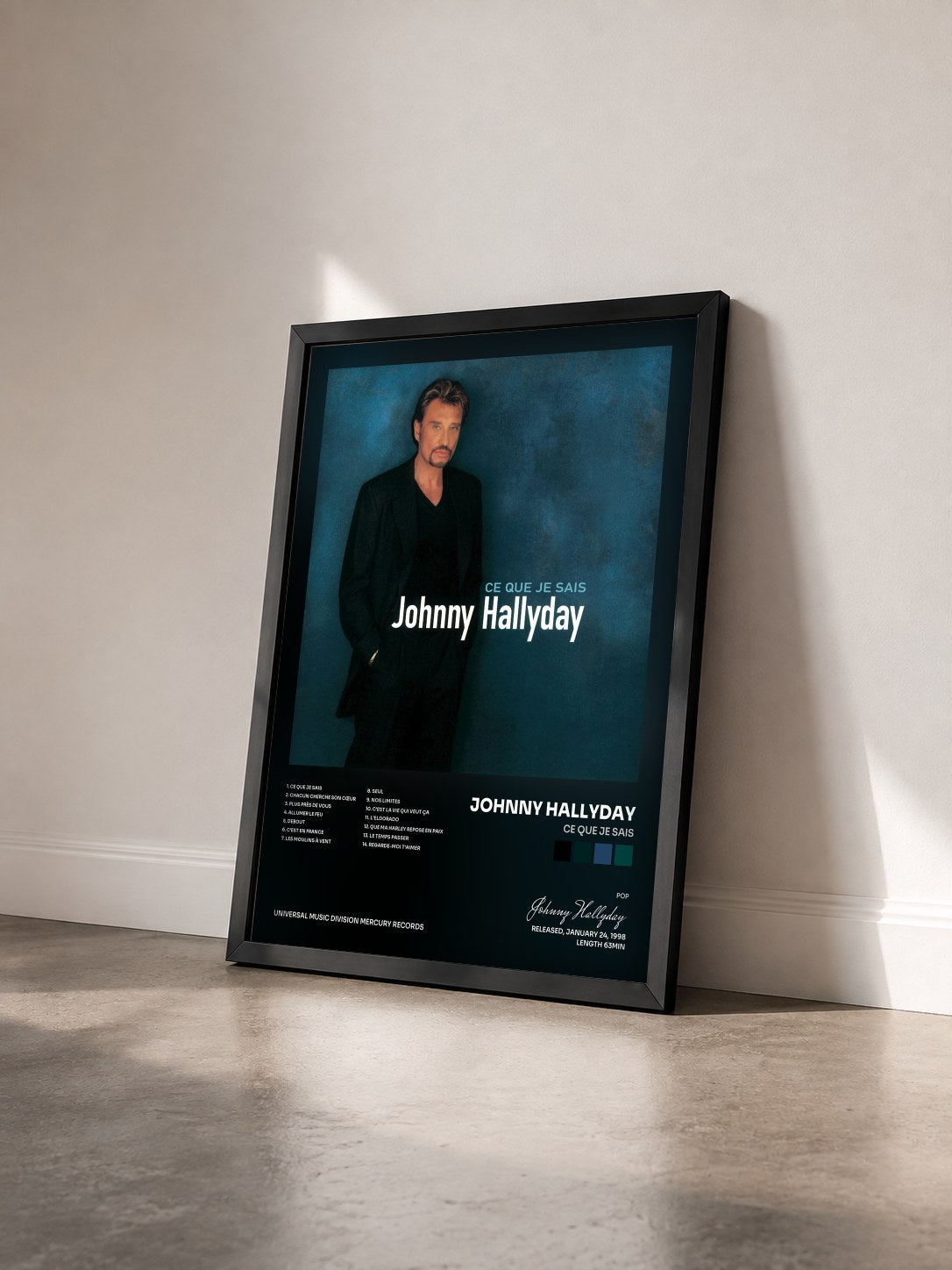 #noir Ce que je sais di Johnny Hallyday in stampa incorniciata vista di tre quarti, cornice nera
