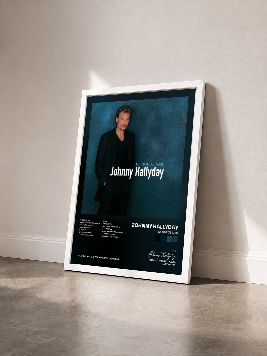 #blanc Ce que je sais di Johnny Hallyday in stampa incorniciata vista di tre quarti, cornice bianca