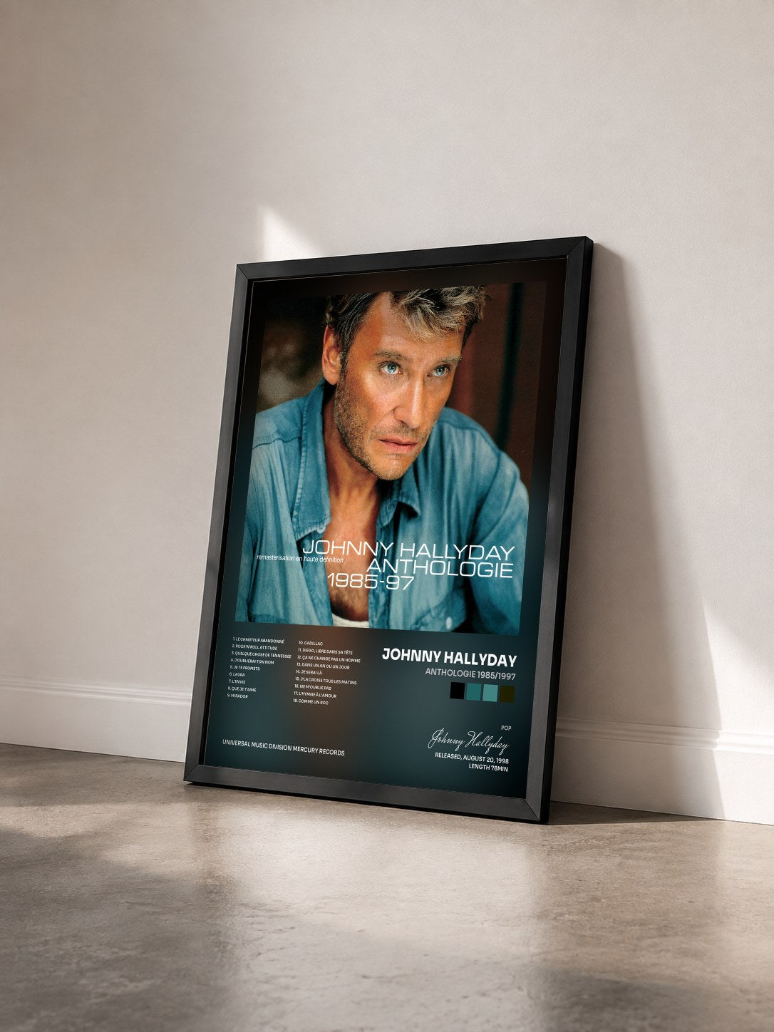 #noir Anthologie 1985/1997 di Johnny Hallyday in stampa incorniciata vista di tre quarti, cornice nera