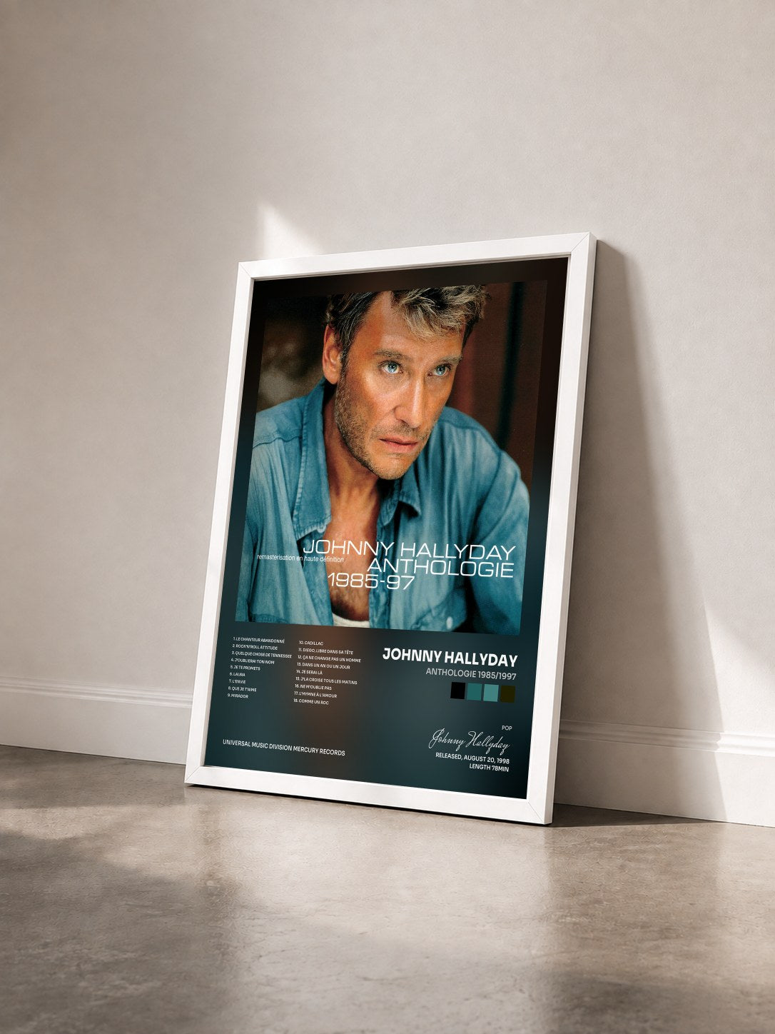 #blanc Anthologie 1985/1997 di Johnny Hallyday in stampa incorniciata vista di tre quarti, cornice bianca
