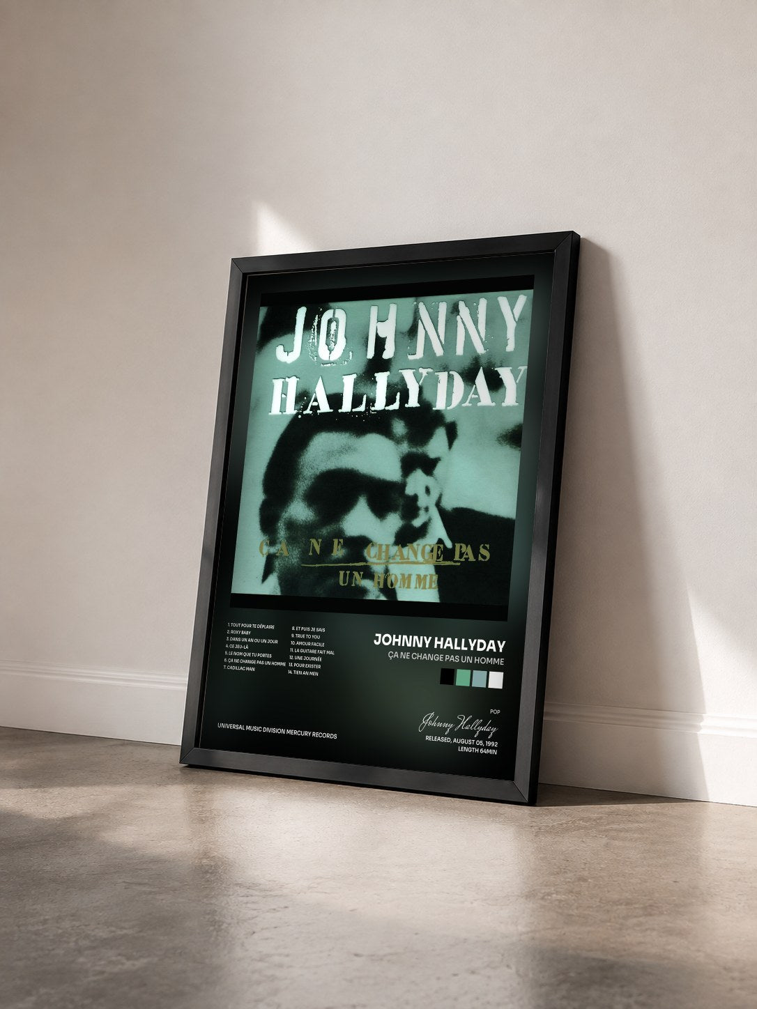 #noir Ça ne change pas un homme di Johnny Hallyday in stampa incorniciata vista di tre quarti, cornice nera