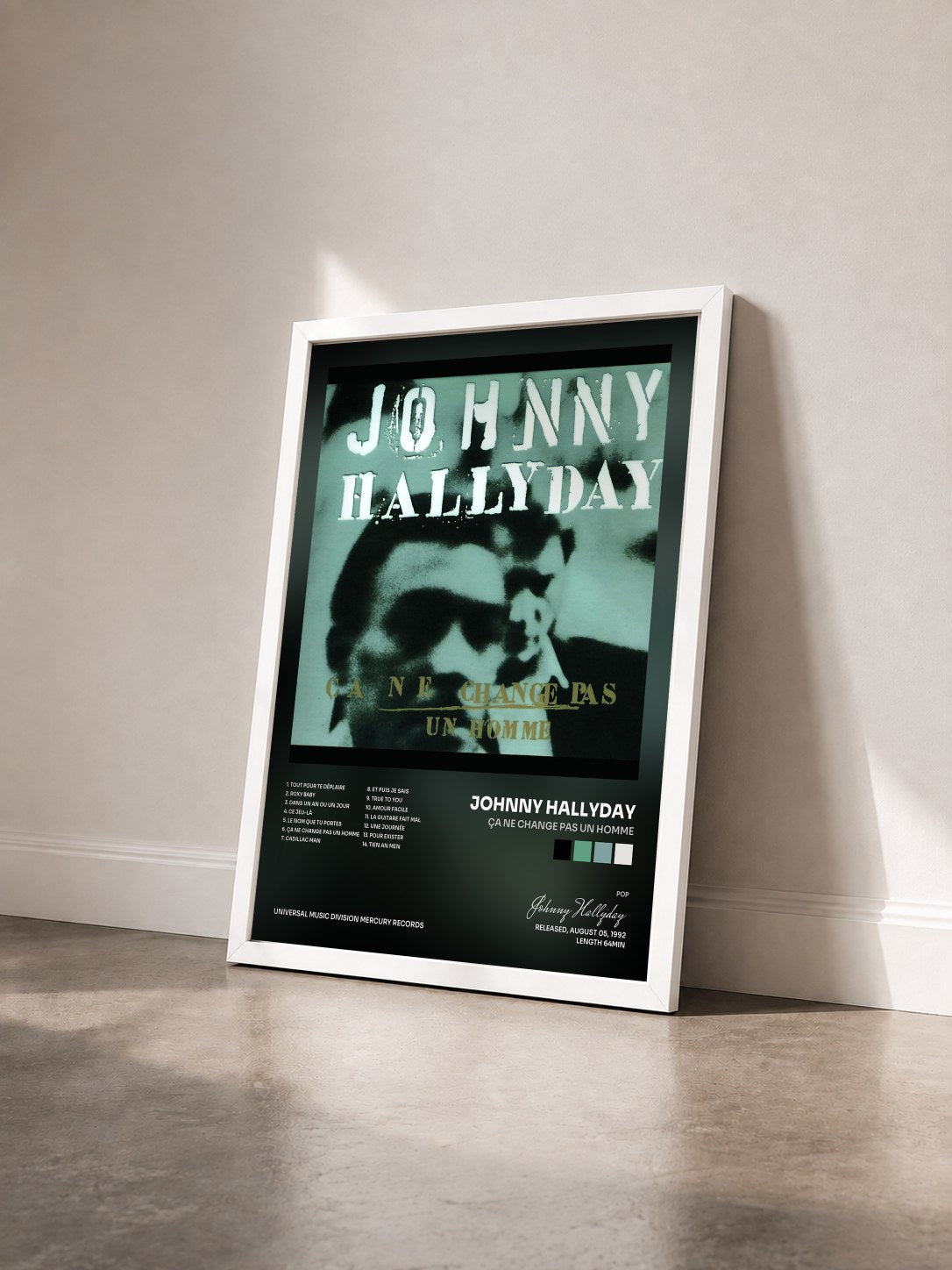 #blanc Ça ne change pas un homme di Johnny Hallyday in stampa incorniciata vista di tre quarti, cornice bianca