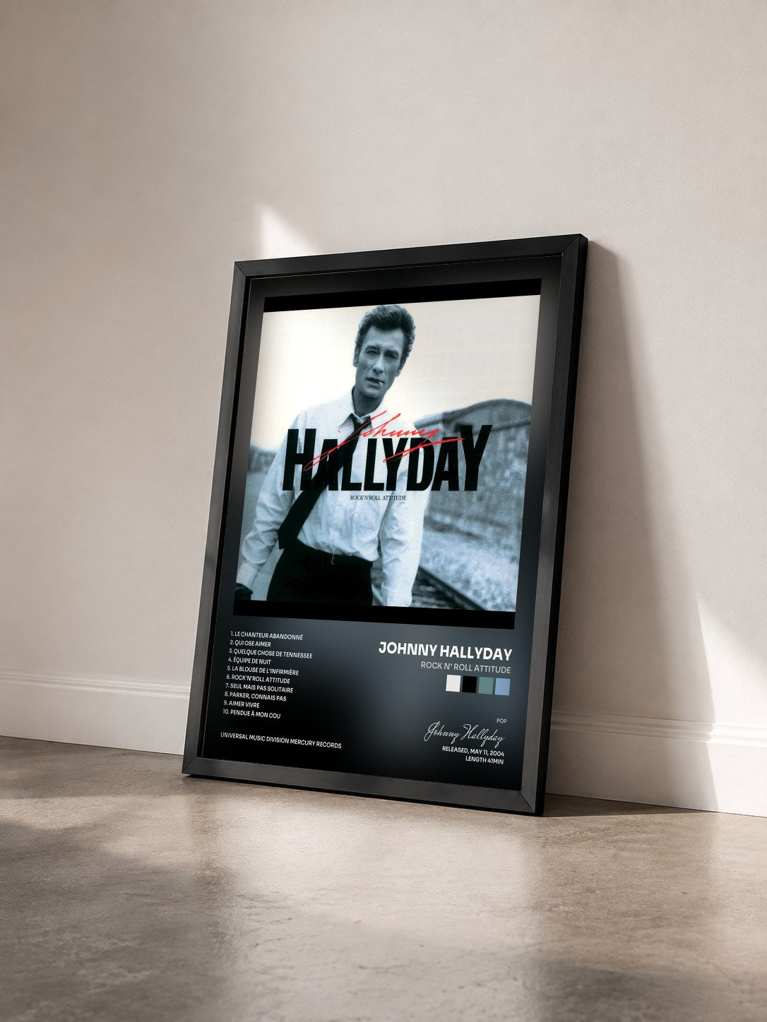 #noir Rock N' Roll Attitude di Johnny Hallyday in stampa incorniciata vista di tre quarti, cornice nera
