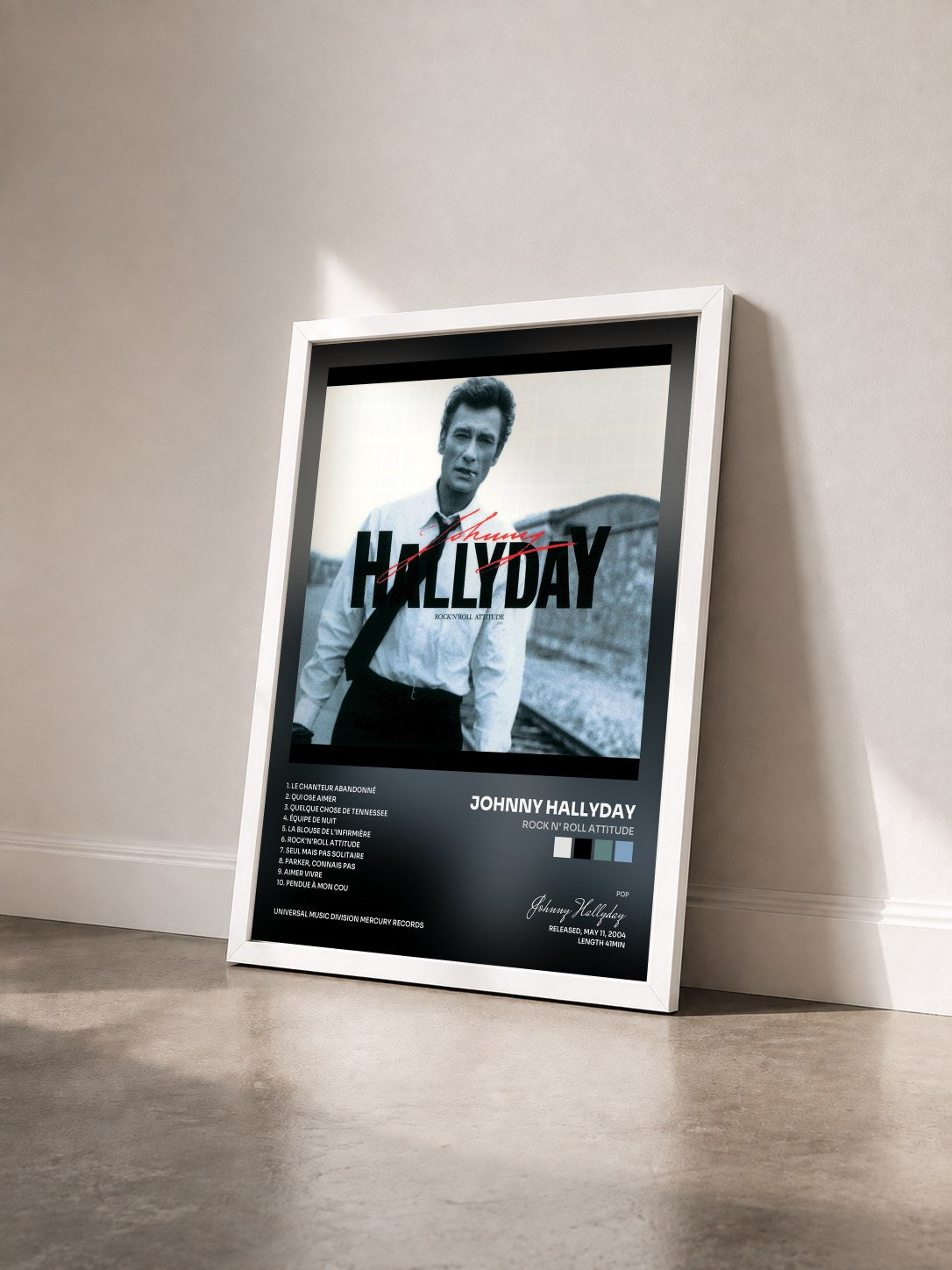 #blanc Rock N' Roll Attitude di Johnny Hallyday in stampa incorniciata vista di tre quarti, cornice bianca