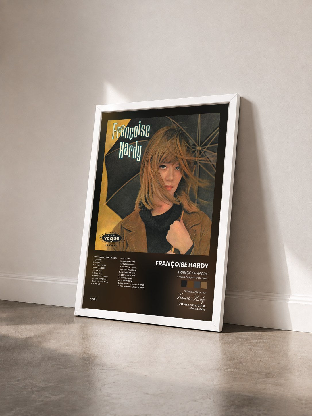 #blanc Tableau de l'album Françoise Hardy (Tous les garçons et les filles) de Françoise Hardy vu de trois quarts, cadre blanc