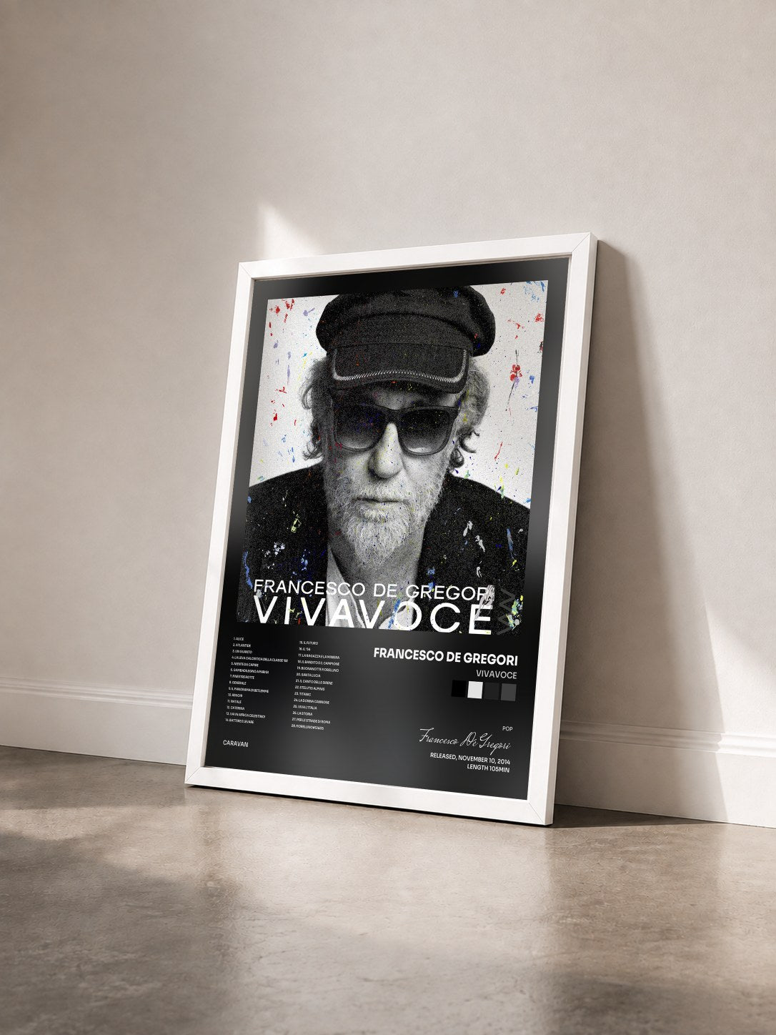 #blanc Tableau de l'album Vivavoce de Francesco De Gregori vu de trois quarts, cadre blanc