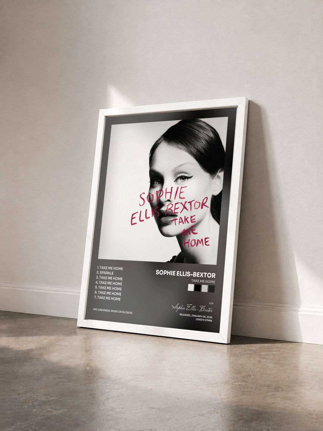 #blanc Tableau de l'album Take Me Home de Sophie Ellis-Bextor vu de trois quarts, cadre blanc