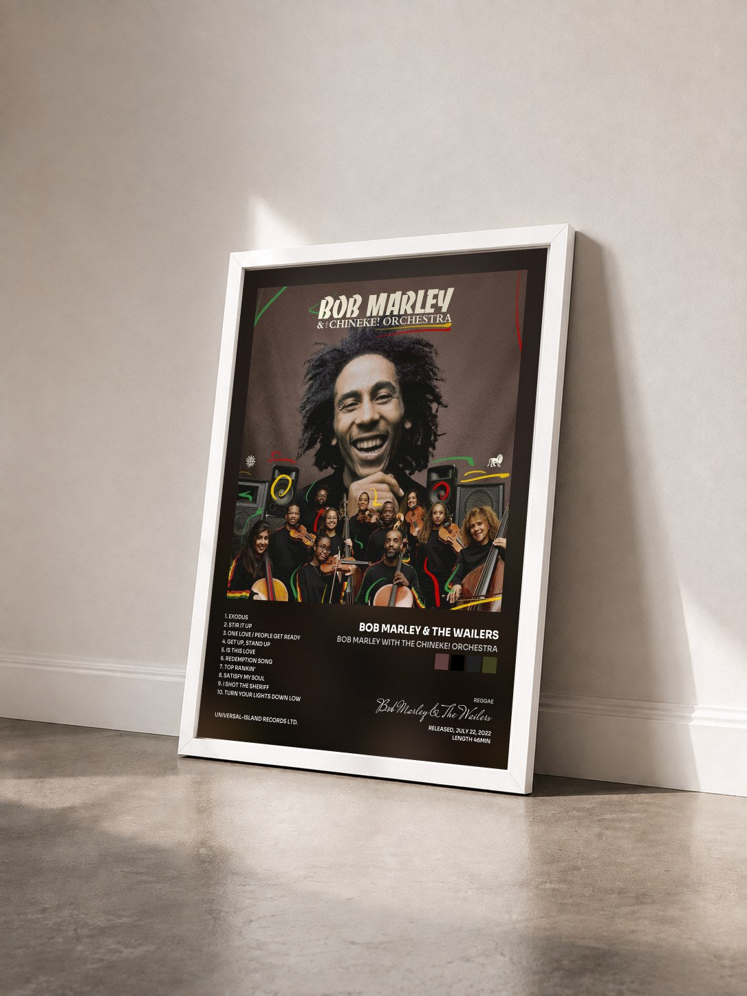 #blanc Tableau de l'album Bob Marley with the Chineke! Orchestra de Bob Marley & The Wailers vu de trois quarts, cadre blanc