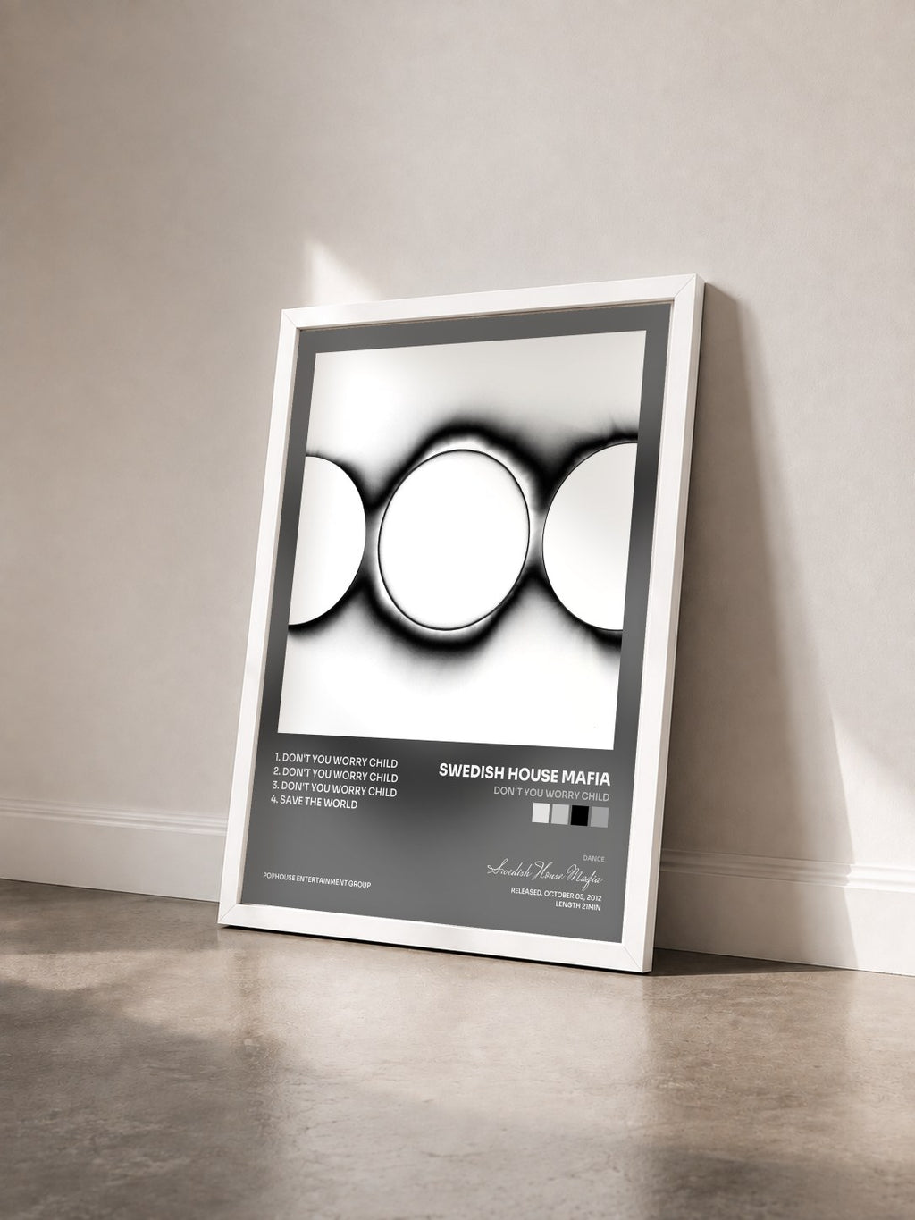 #blanc Tableau de l'album Don't You Worry Child de Swedish House Mafia vu de trois quarts, cadre blanc