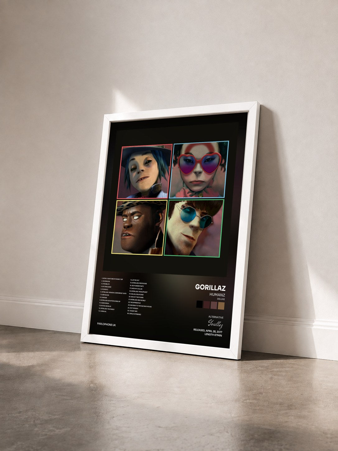 #blanc Humanz (Deluxe) by Gorillaz as a framed art print seen at an angle, white frame
