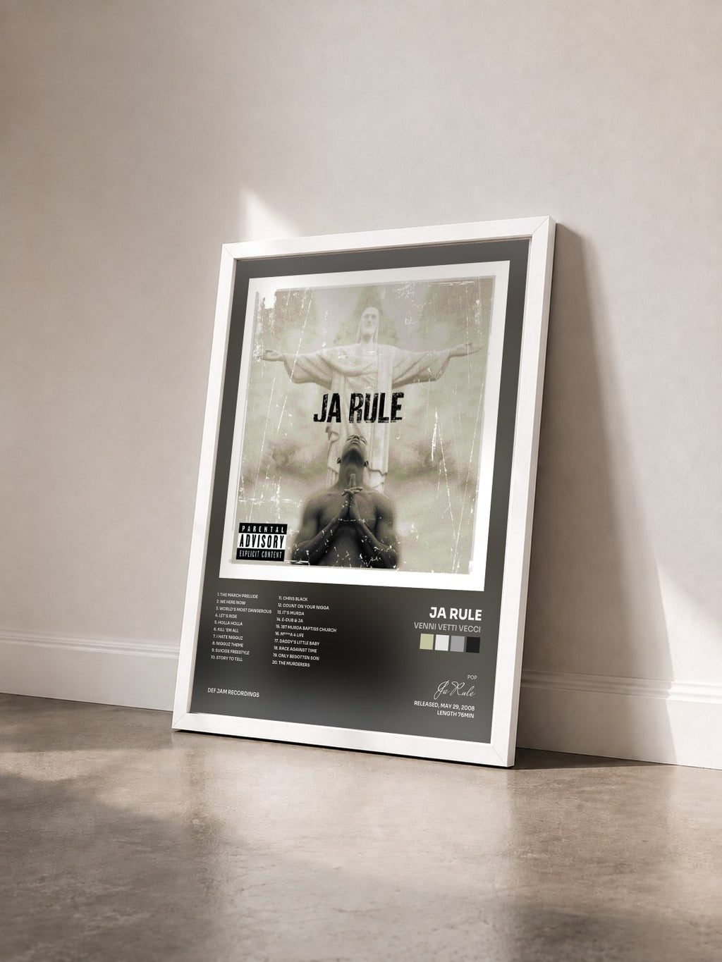 #blanc Tableau de l'album Venni Vetti Vecci de Ja Rule vu de trois quarts, cadre blanc