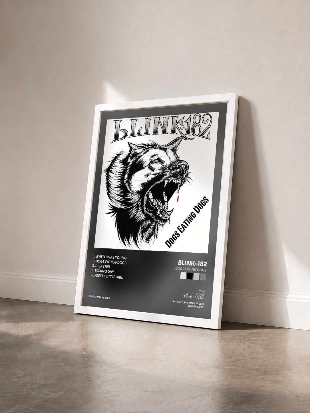 #blanc Tableau de l'album Dogs Eating Dogs de blink-182 vu de trois quarts, cadre blanc