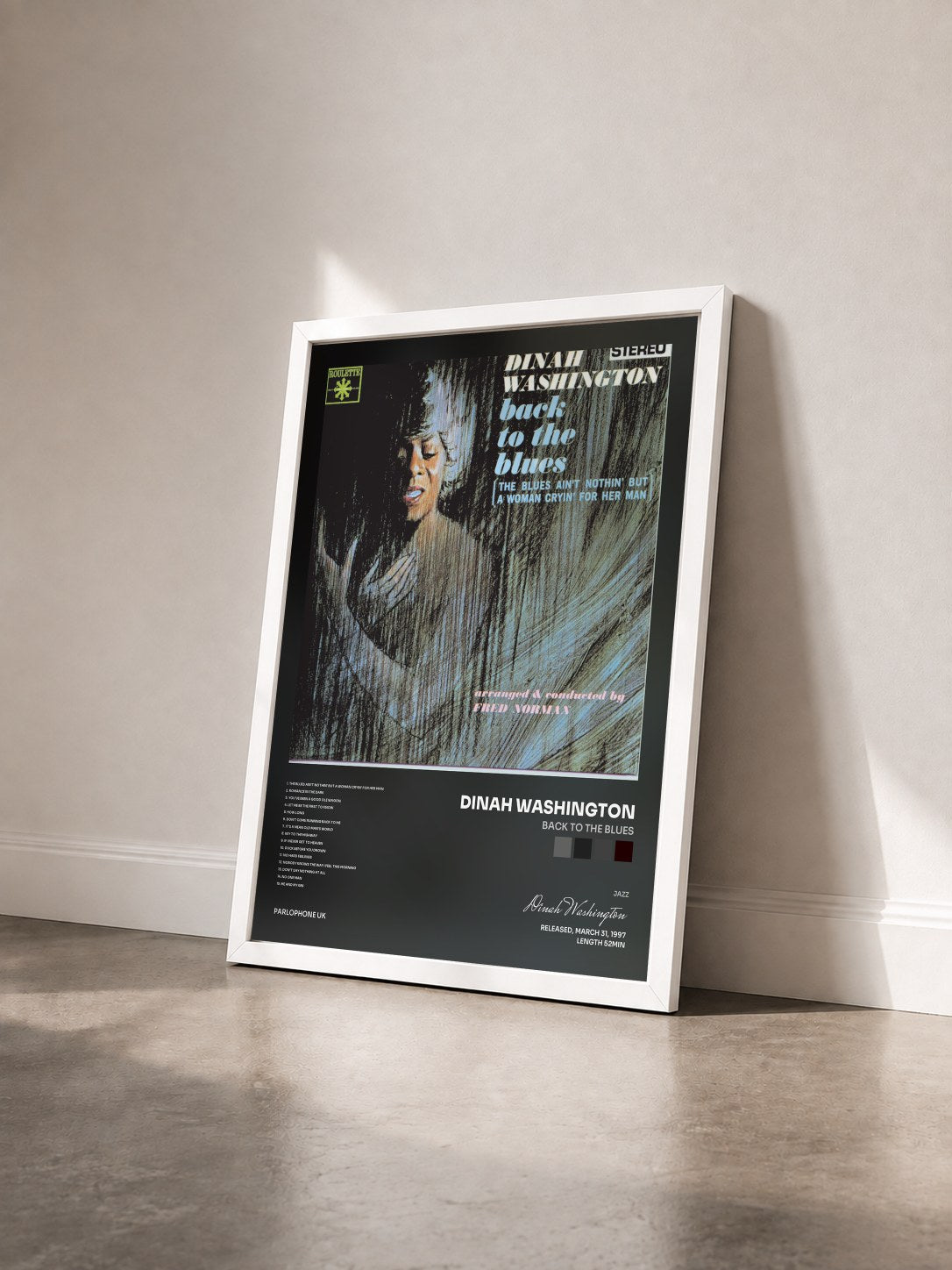 #blanc Tableau de l'album Back To The Blues de Dinah Washington vu de trois quarts, cadre blanc