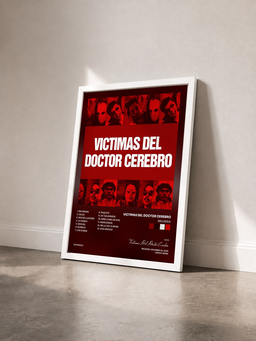 #blanc Tableau de l'album Brujeria de Victimas Del Doctor Cerebro vu de trois quarts, cadre blanc