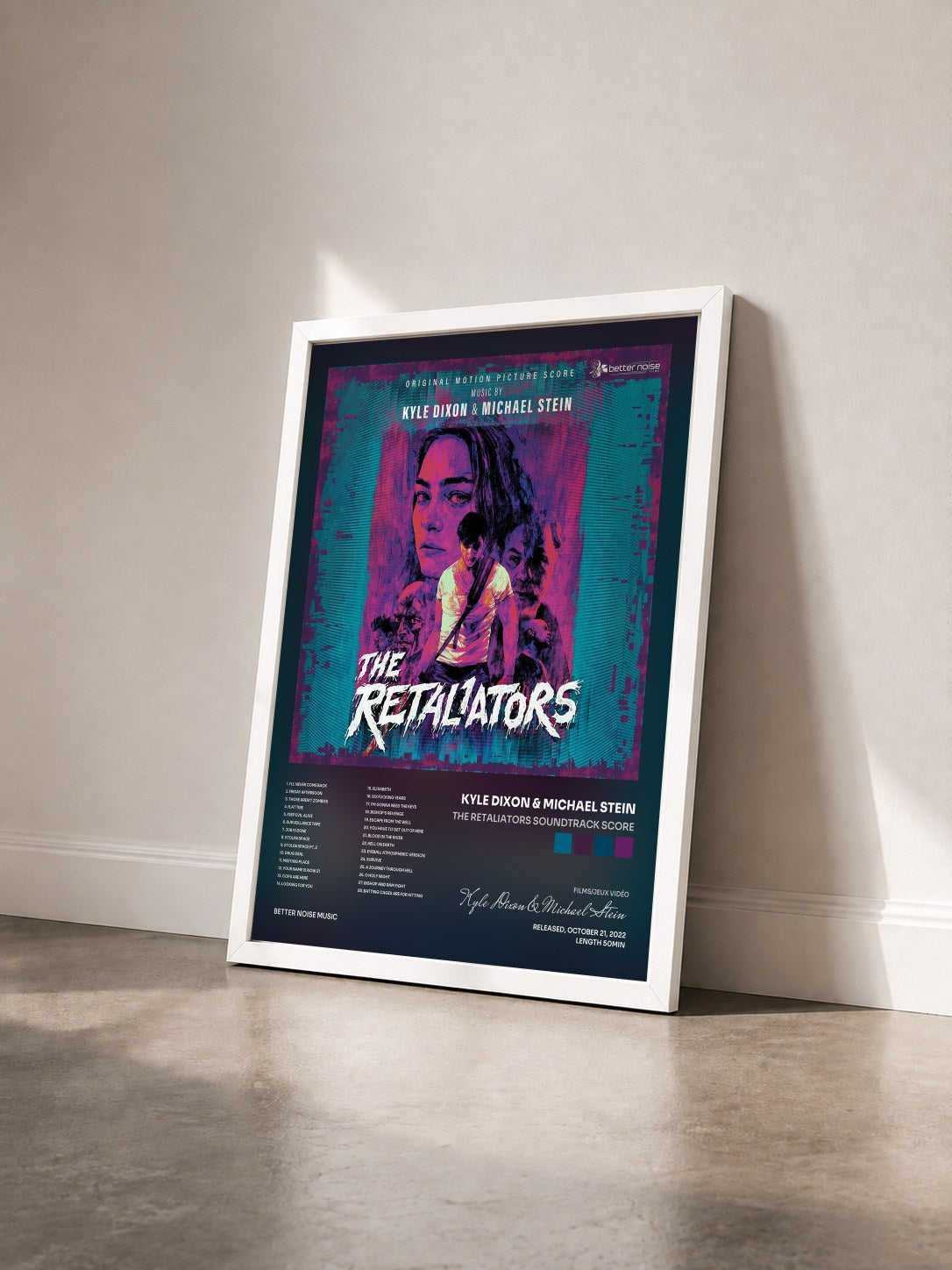 #blanc Tableau de l'album The Retaliators Soundtrack Score de Kyle Dixon & Michael Stein vu de trois quarts, cadre blanc