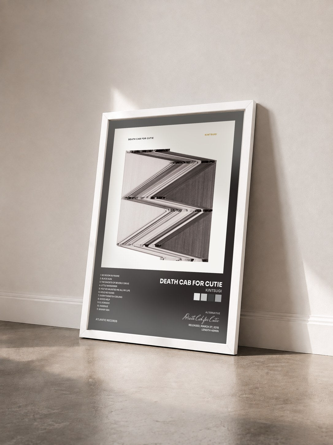 #blanc Tableau de l'album Kintsugi de Death Cab for Cutie vu de trois quarts, cadre blanc
