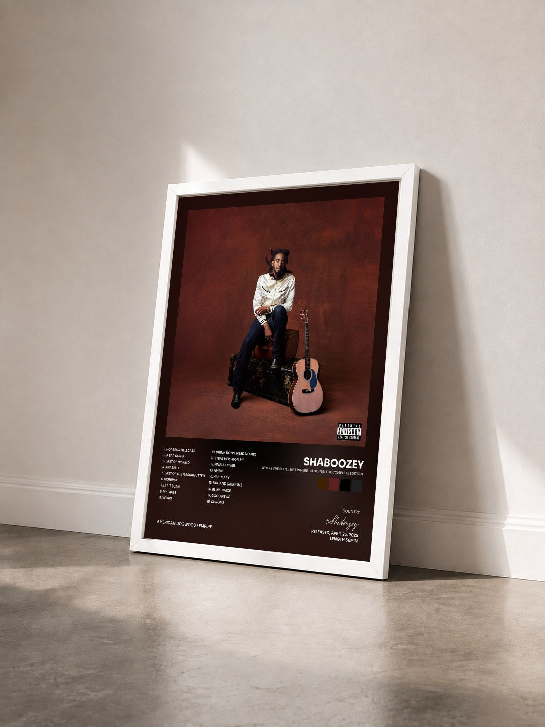 #blanc Tableau de l'album Where I've Been, Isn't Where I'm Going: The Complete Edition de Shaboozey vu de trois quarts, cadre blanc