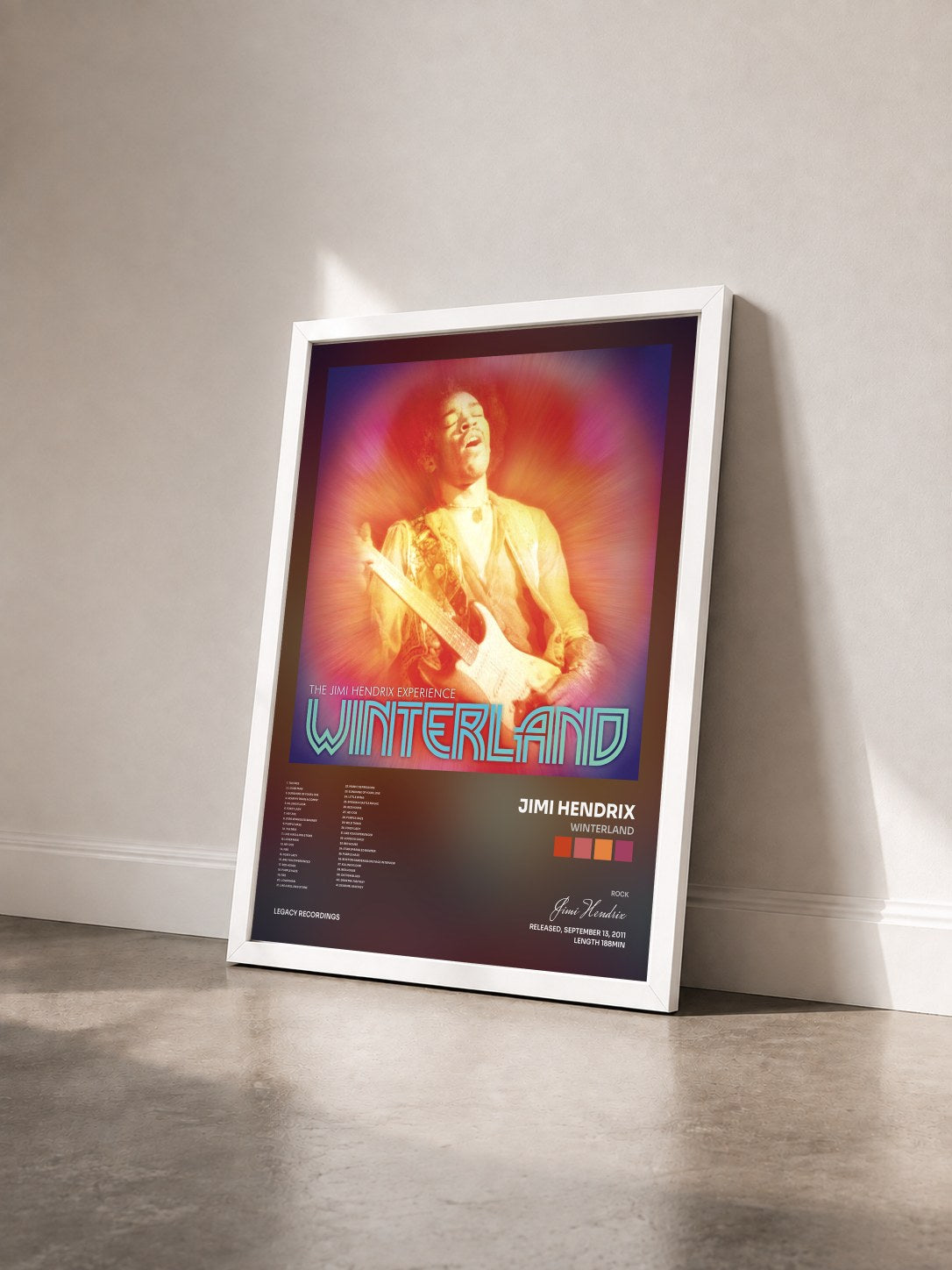 #blanc Tableau de l'album Winterland de Jimi Hendrix vu de trois quarts, cadre blanc
