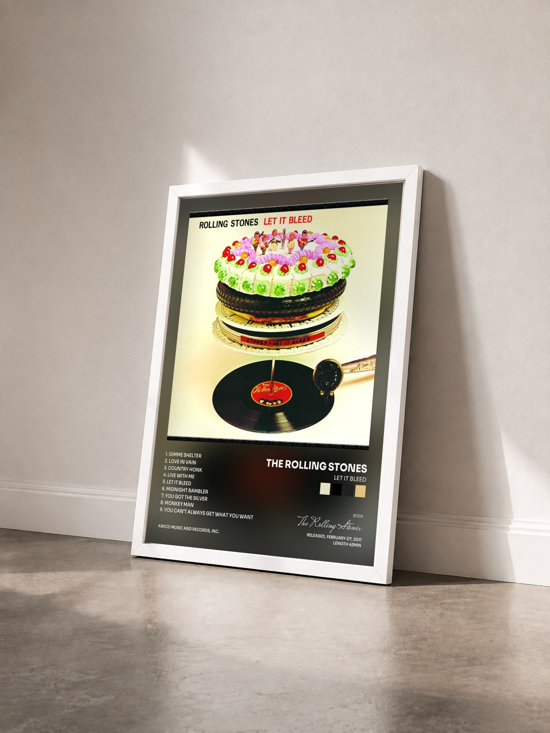 #blanc Let It Bleed de The Rolling Stones en lámina enmarcada vista de tres cuartos, marco blanco