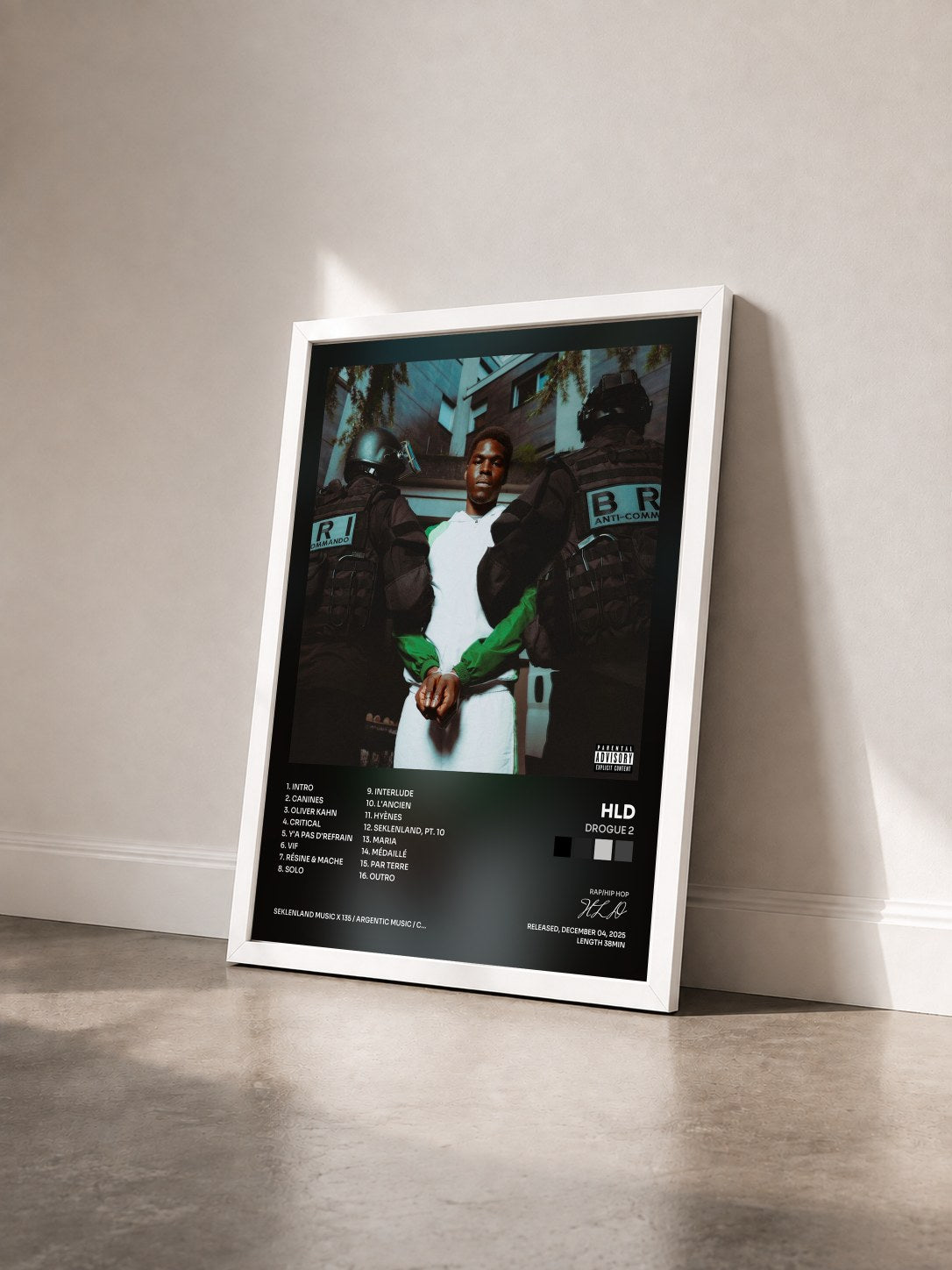 #blanc Tableau de l'album DROGUE 2 de HLD vu de trois quarts, cadre blanc