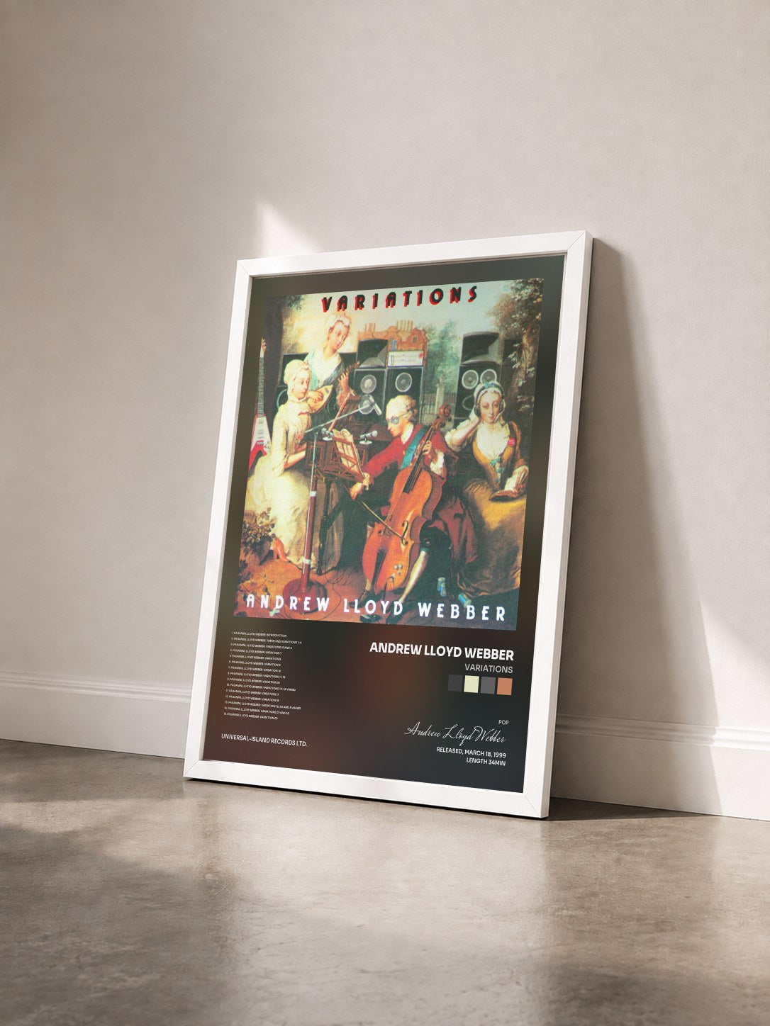 #blanc Tableau de l'album Variations de Andrew Lloyd Webber vu de trois quarts, cadre blanc