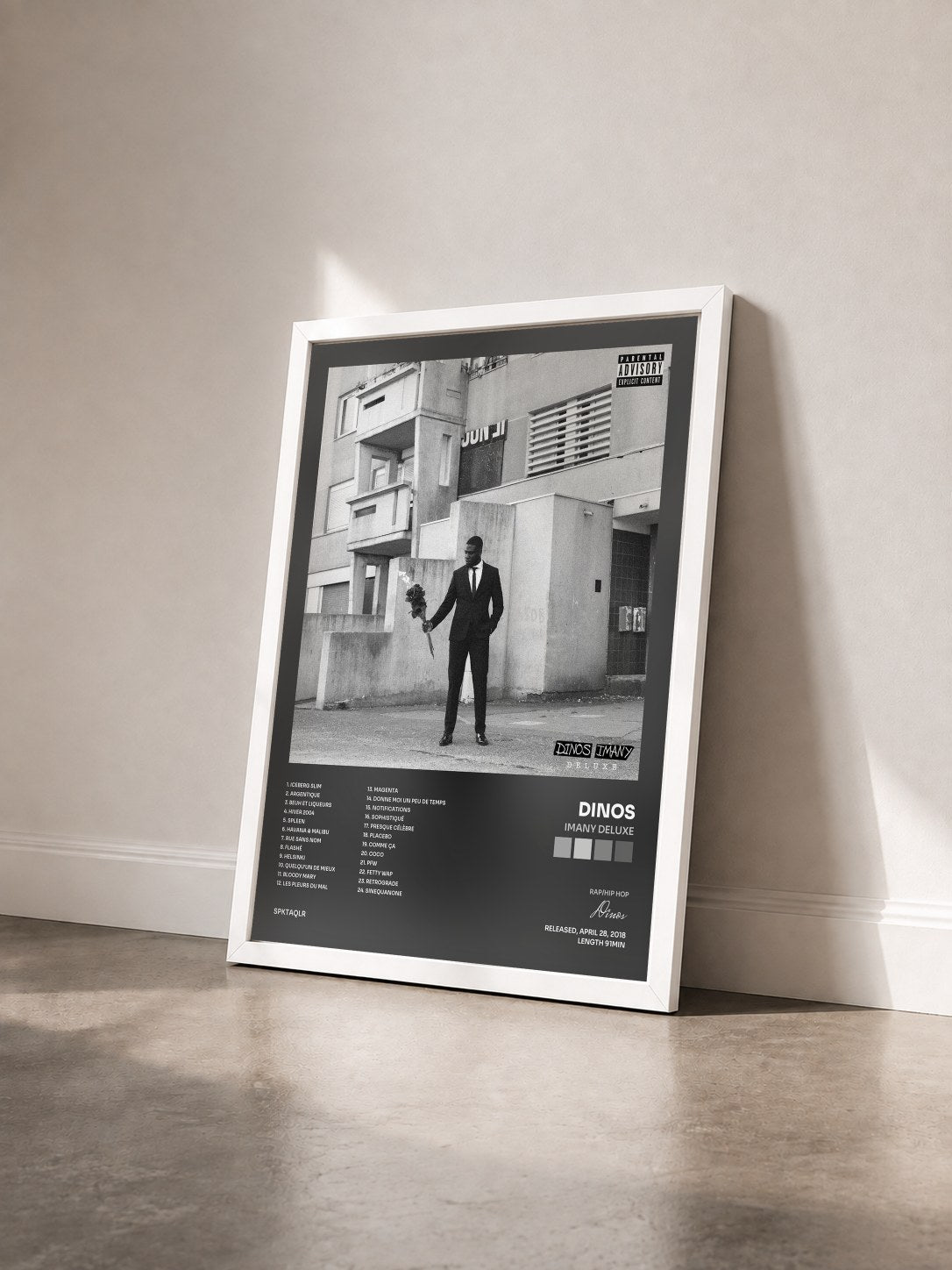 #blanc Imany Deluxe by Dinos as a framed art print seen at an angle, white frame