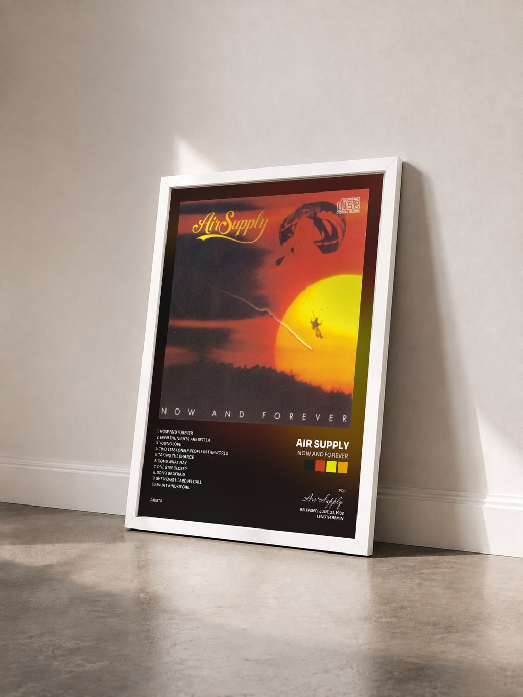 #blanc Now And Forever by Air Supply as a framed art print seen at an angle, white frame