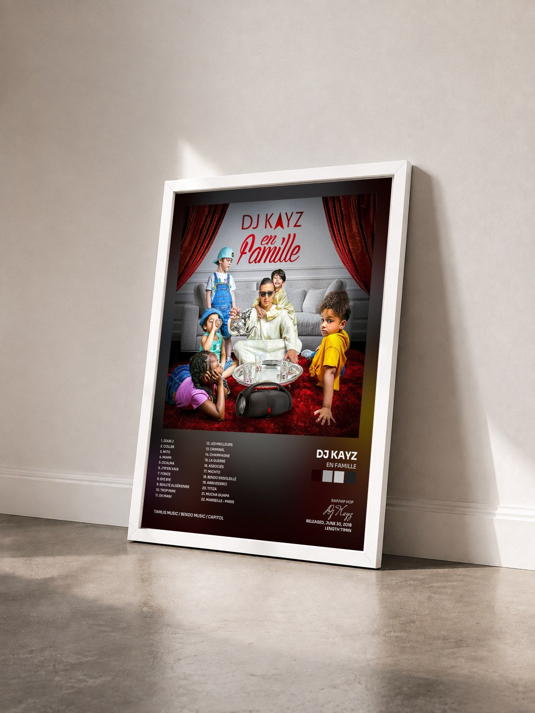 #blanc En famille by Dj Kayz as a framed art print seen at an angle, white frame