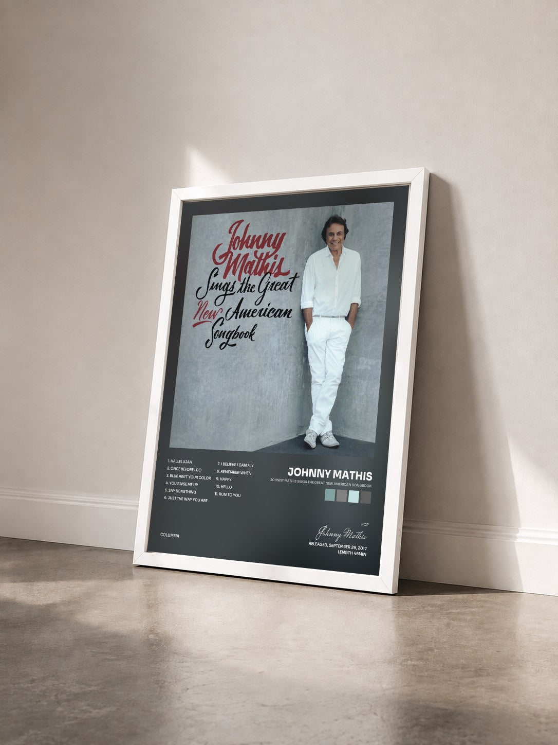 #blanc Tableau de l'album Johnny Mathis Sings The Great New American Songbook de Johnny Mathis vu de trois quarts, cadre blanc