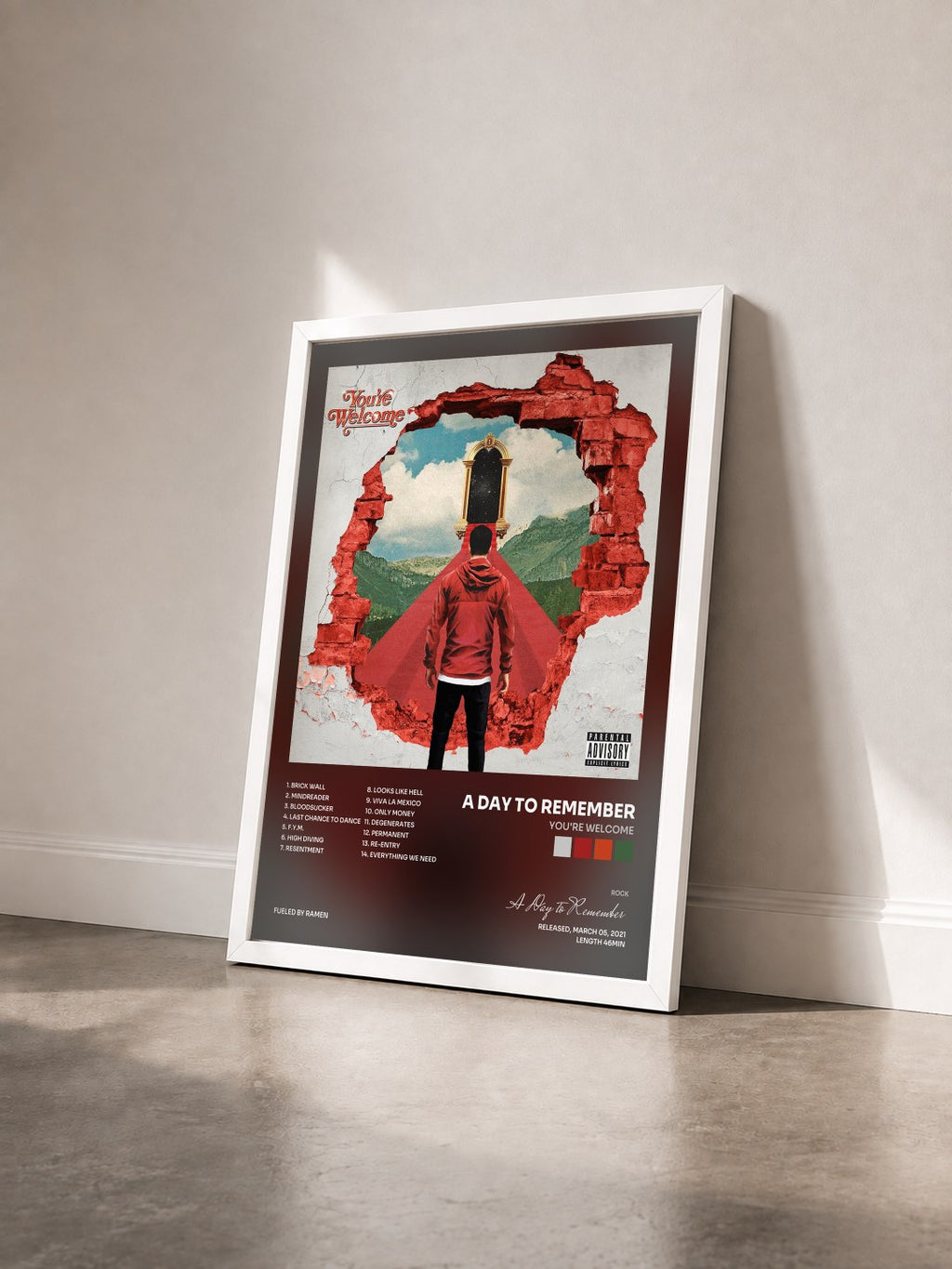 #blanc Tableau de l'album You're Welcome de A Day to Remember vu de trois quarts, cadre blanc