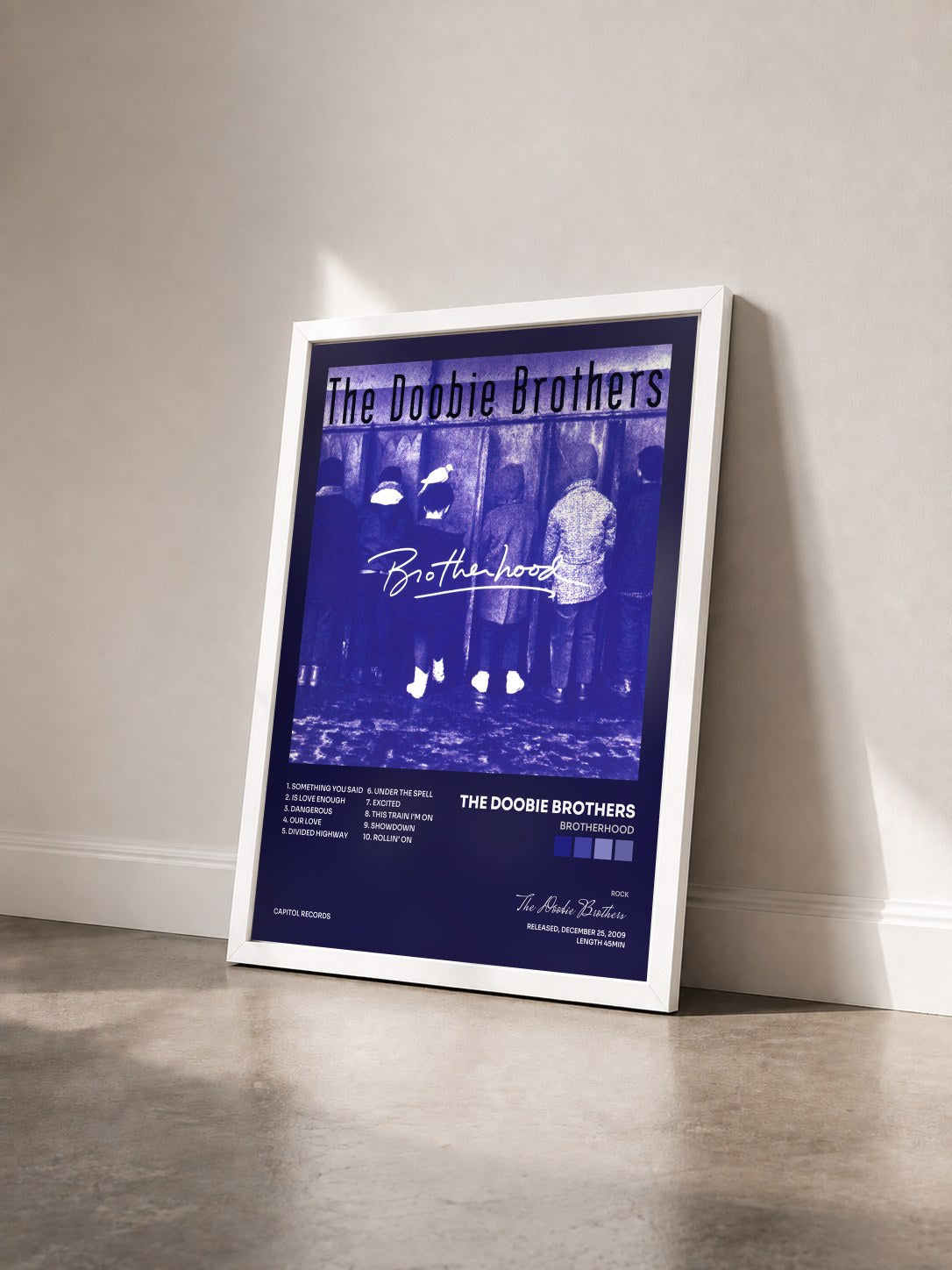 #blanc Tableau de l'album Brotherhood de The Doobie Brothers vu de trois quarts, cadre blanc