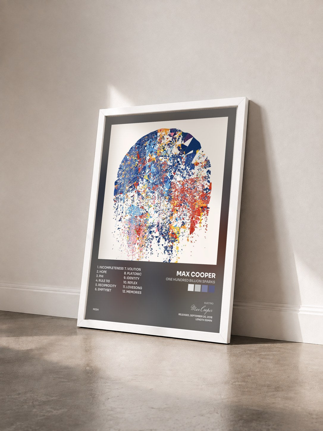 #blanc One Hundred Billion Sparks de Max Cooper en lámina enmarcada vista de tres cuartos, marco blanco