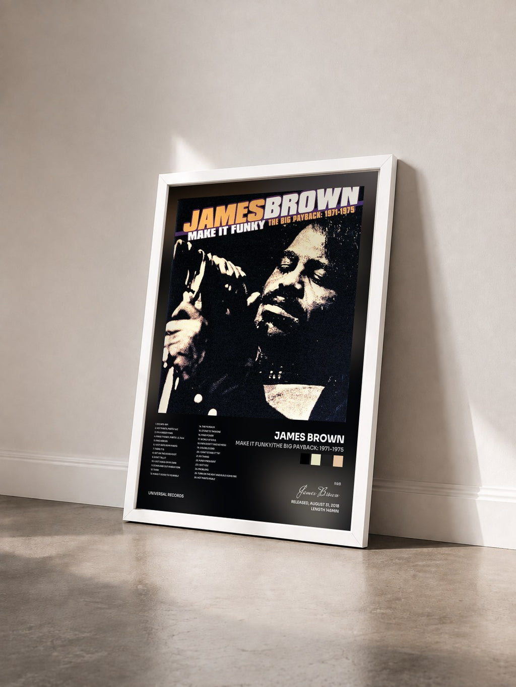 #blanc Tableau de l'album Make It Funky/The Big Payback: 1971-1975 de James Brown vu de trois quarts, cadre blanc