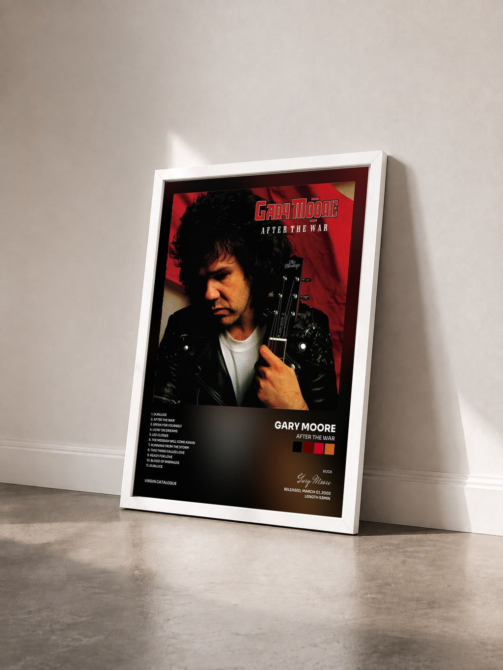 #blanc After The War by Gary Moore as a framed art print seen at an angle, white frame