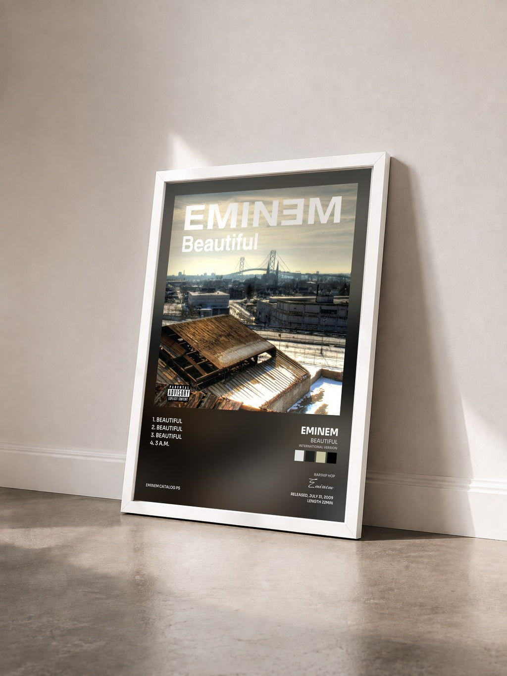 #blanc Tableau de l'album Beautiful (International Version) de Eminem vu de trois quarts, cadre blanc