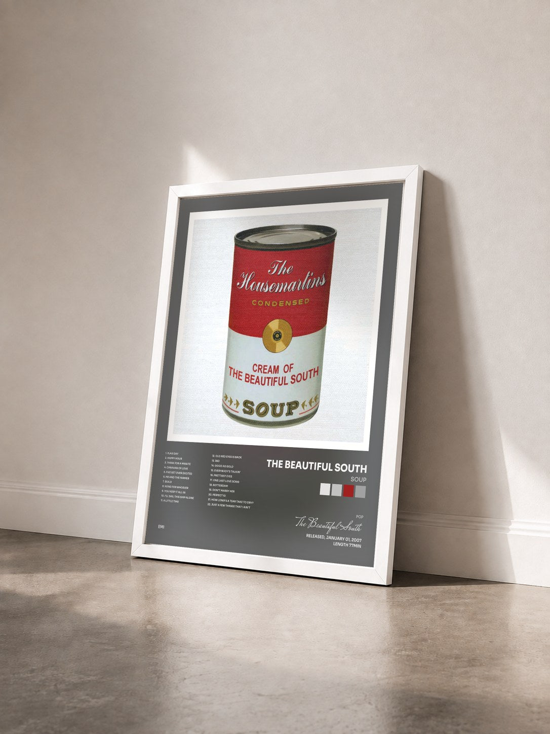 #blanc Tableau de l'album Soup de The Beautiful South vu de trois quarts, cadre blanc