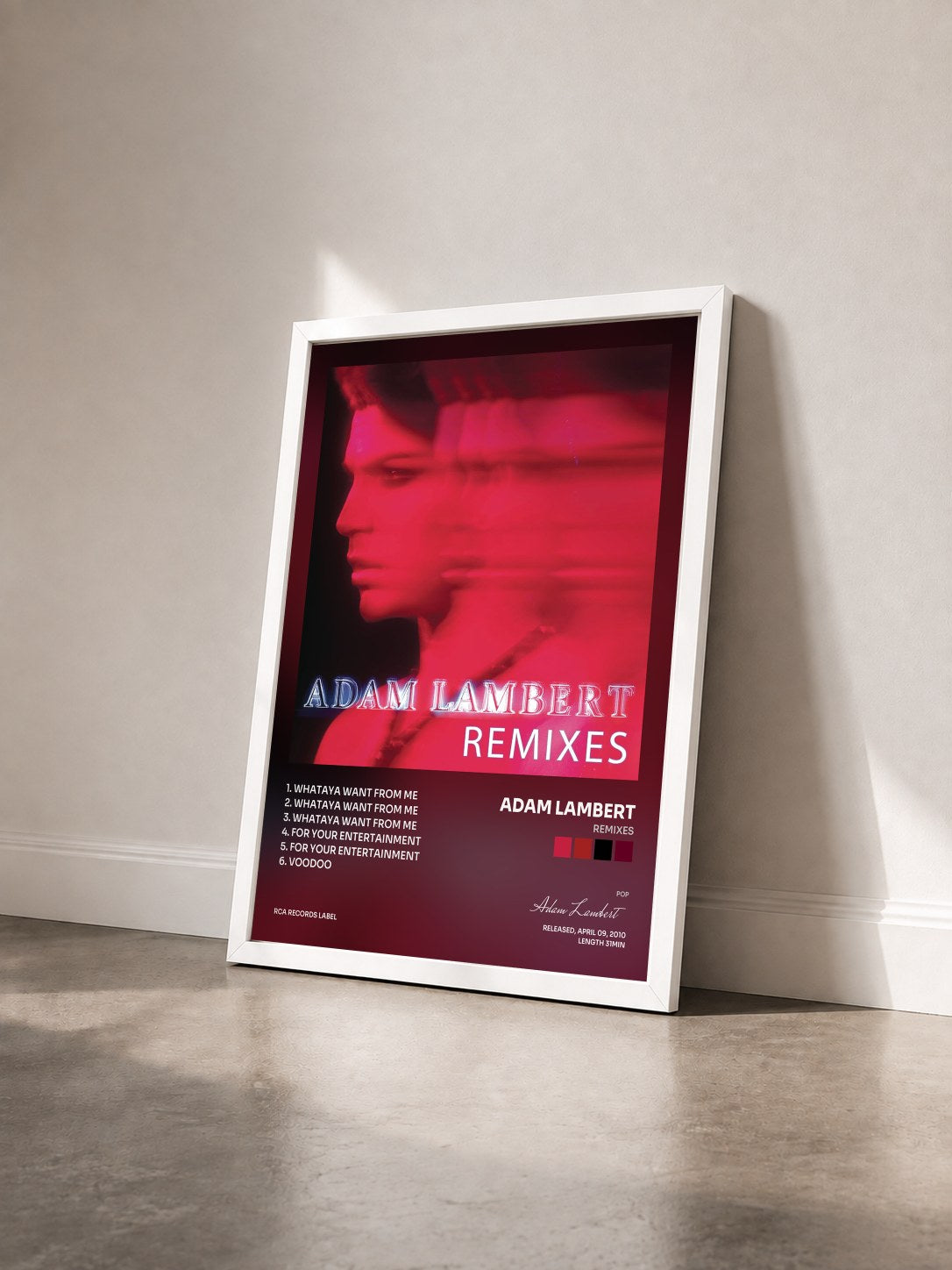 #blanc Tableau de l'album Remixes de Adam Lambert vu de trois quarts, cadre blanc