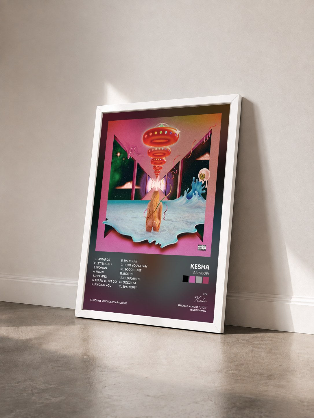 #blanc Tableau de l'album Rainbow de Kesha vu de trois quarts, cadre blanc